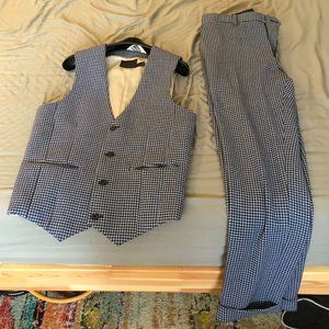 Wedding slim suit vest & pants matching color way: blue plaid wool micro-blend